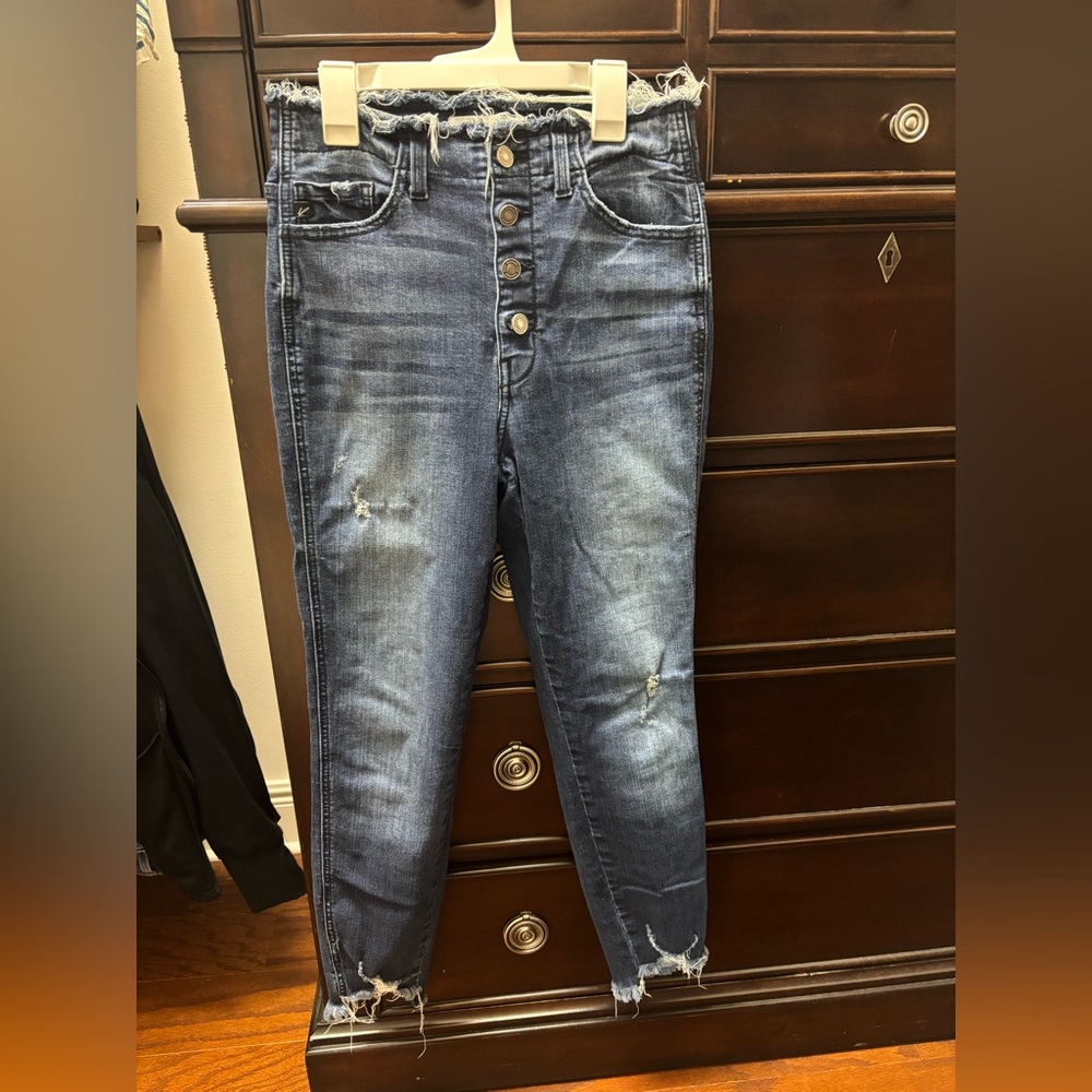 KanCan High Rise Button-Fly Distressed Jeans - Dark Blue